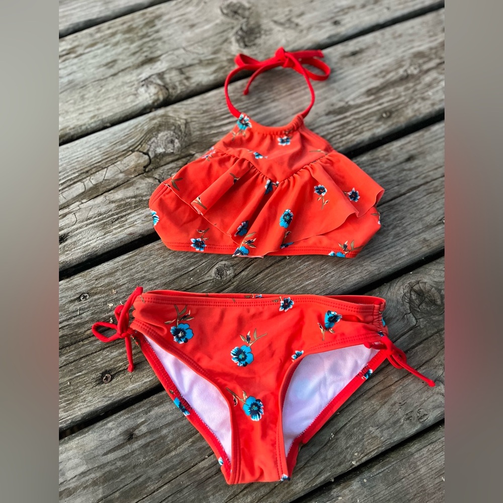 Cutest Red with Floral Bikini! Girls 2T-4T Halter Neck with Ruffles, String Ties